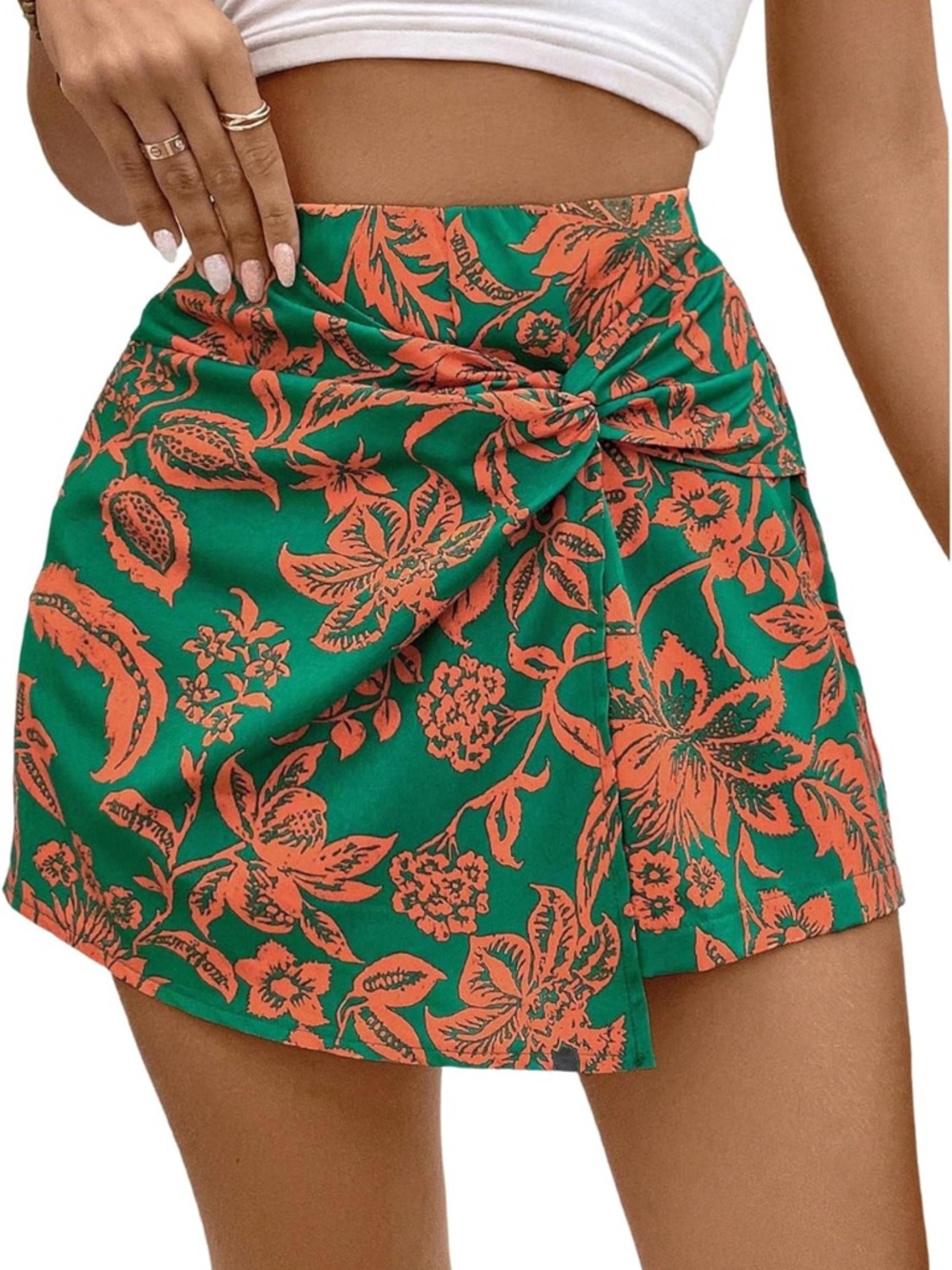 Green & Orange Floral Tie-Front Mini Skort- SMALL
